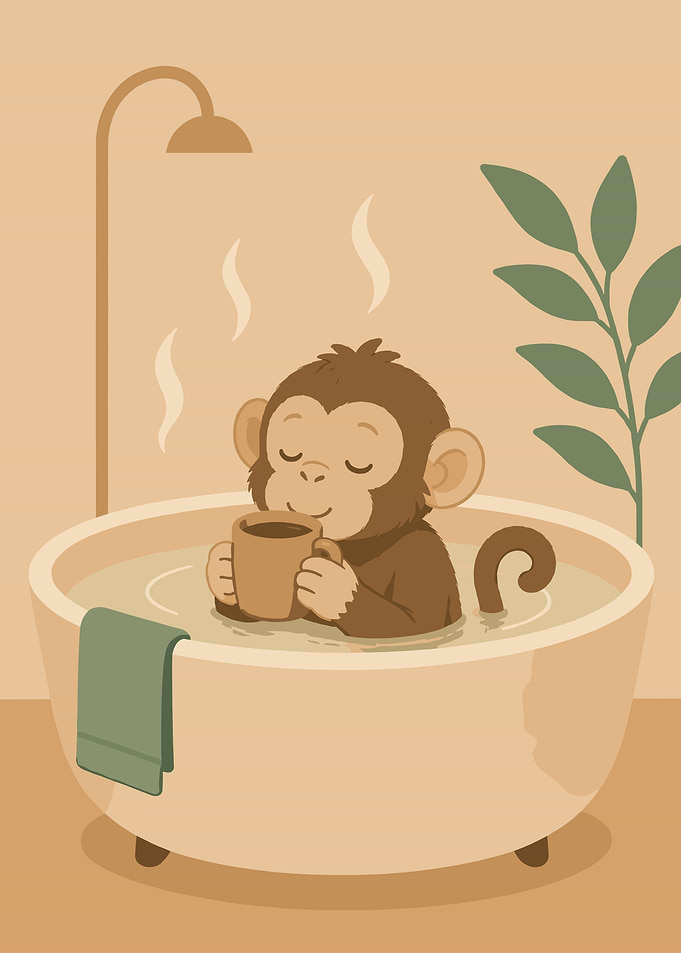 Monkey enjoying a bath with coffee