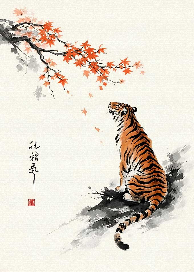 Tiger and Maple Leaves