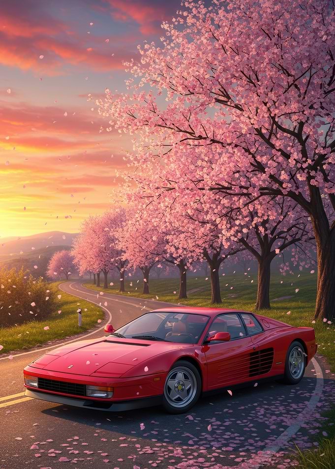Red Ferrari on Cherry Blossom Road
