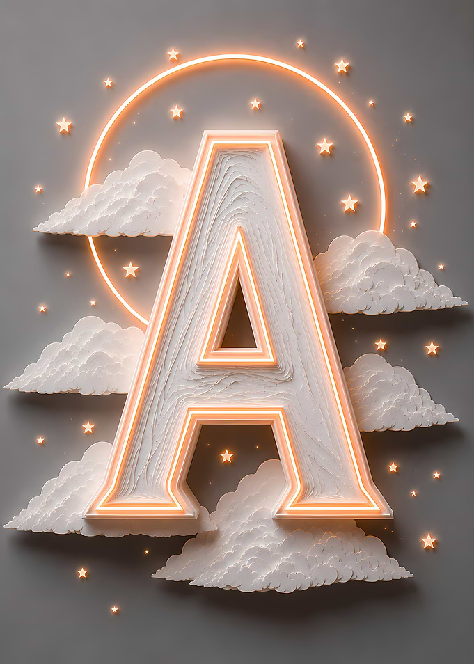 Letter A with Clouds and Stars