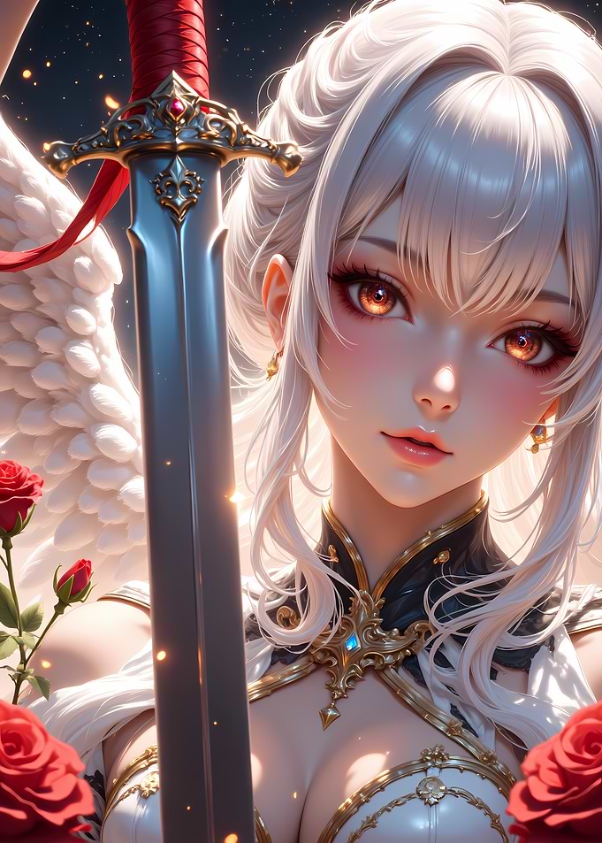 Anime Angel Warrior with Sword and Roses