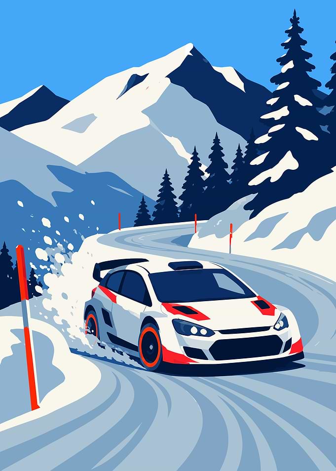 Rally Car Racing on Snowy Mountain Road