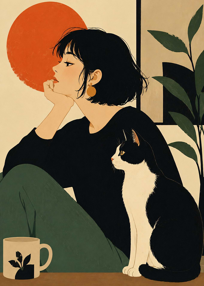 Woman and Cat with Sun and Plant