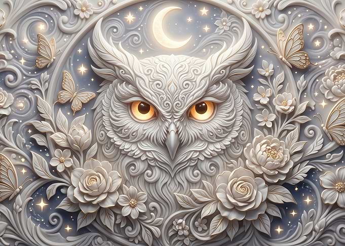 Enchanting White Owl with Moon and Butterflies