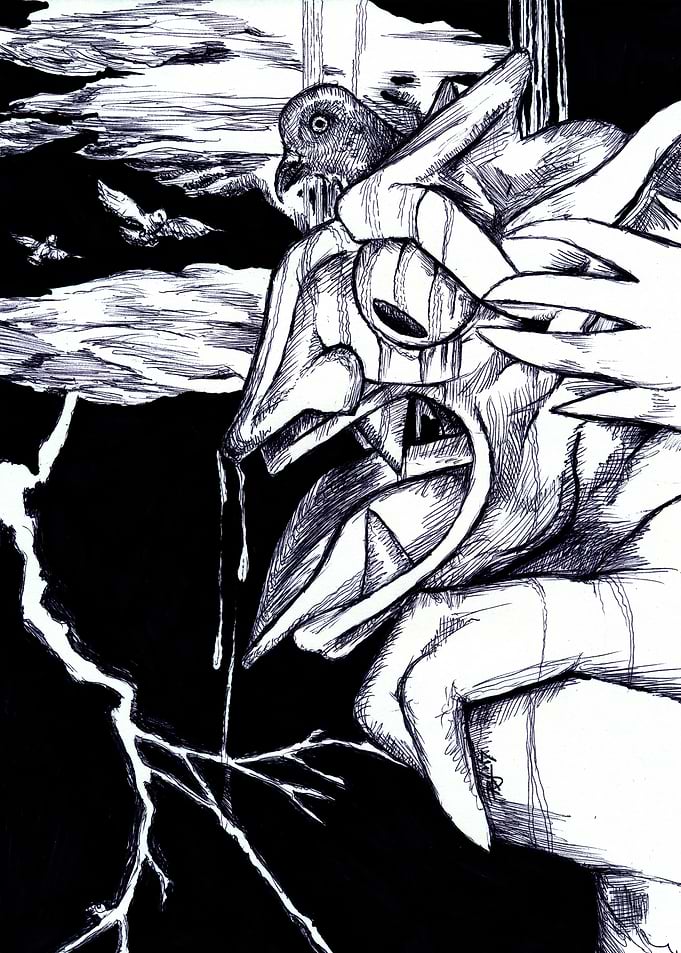 Dark Fantasy Gargoyle with Pigeon