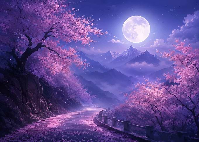 Moonlit Cherry Blossom Mountain Road