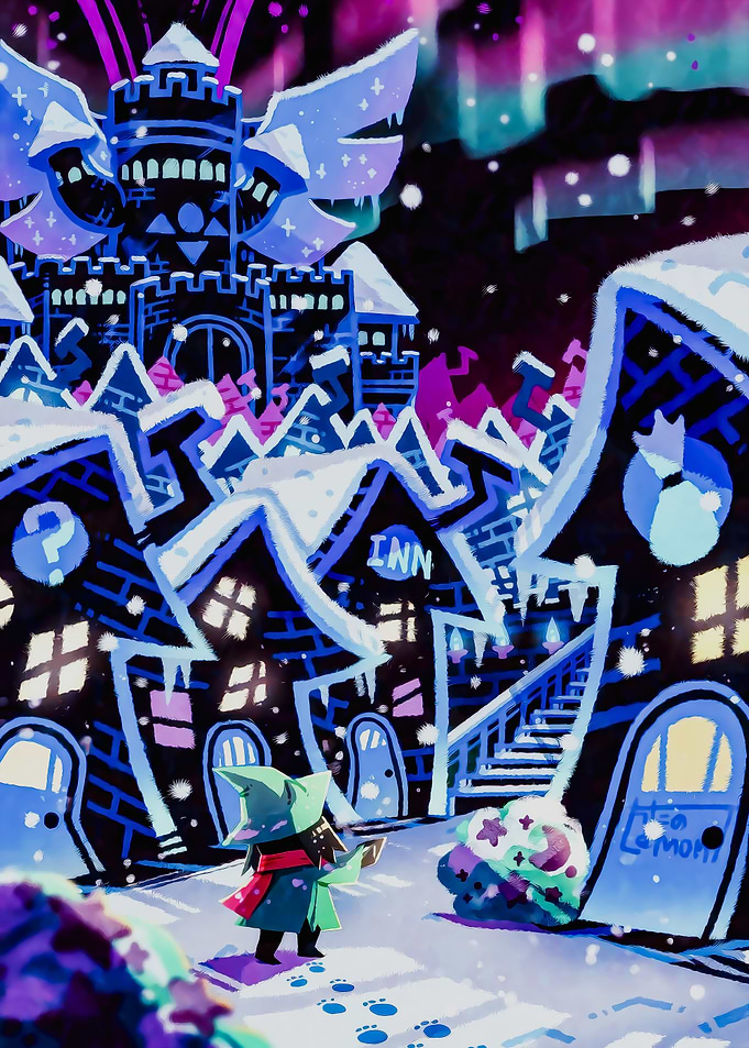 Deltarune Ralsei in a Snowy Fantasy Town