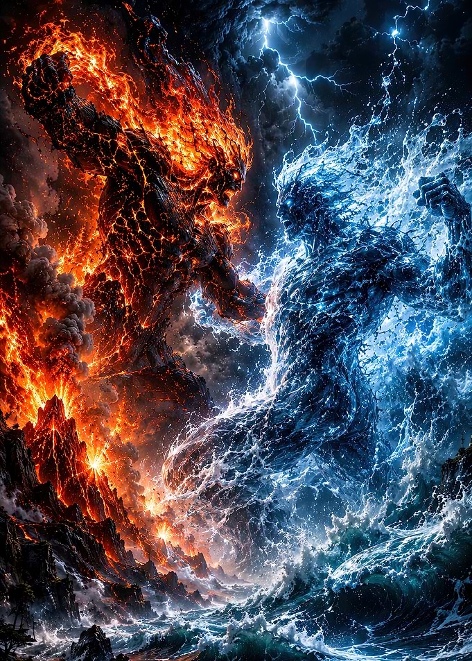 Fire and Water Elemental titans fighting