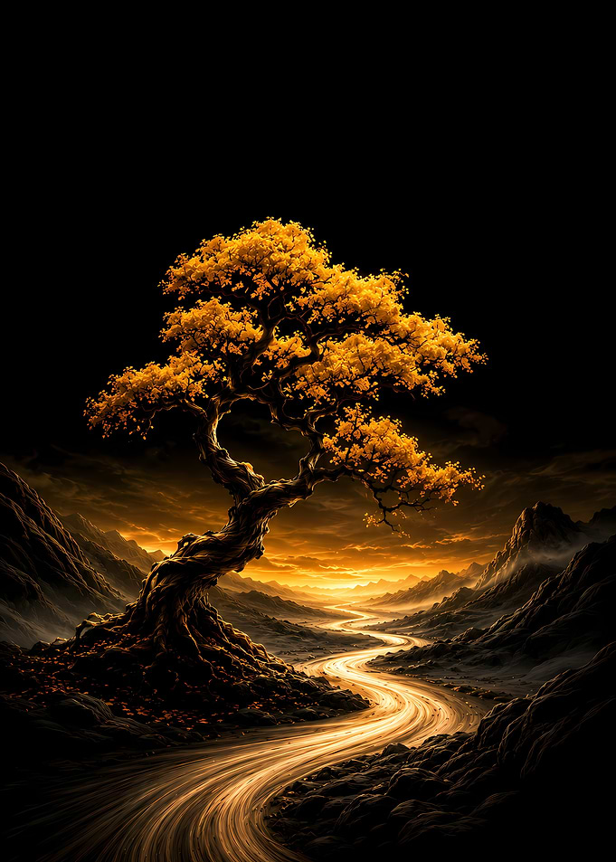 Golden Tree Over Winding Path