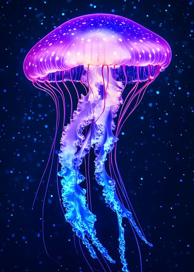 Bioluminescent Jellyfish in Deep Blue Sea