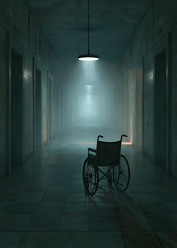 Eerie Hospital Hallway with Wheelchair