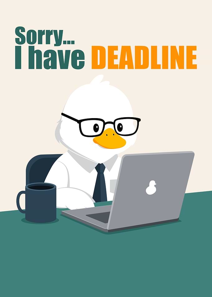 Duck working on laptop with deadline