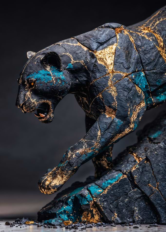 Ancient Kintsugi Stone Panther Statue