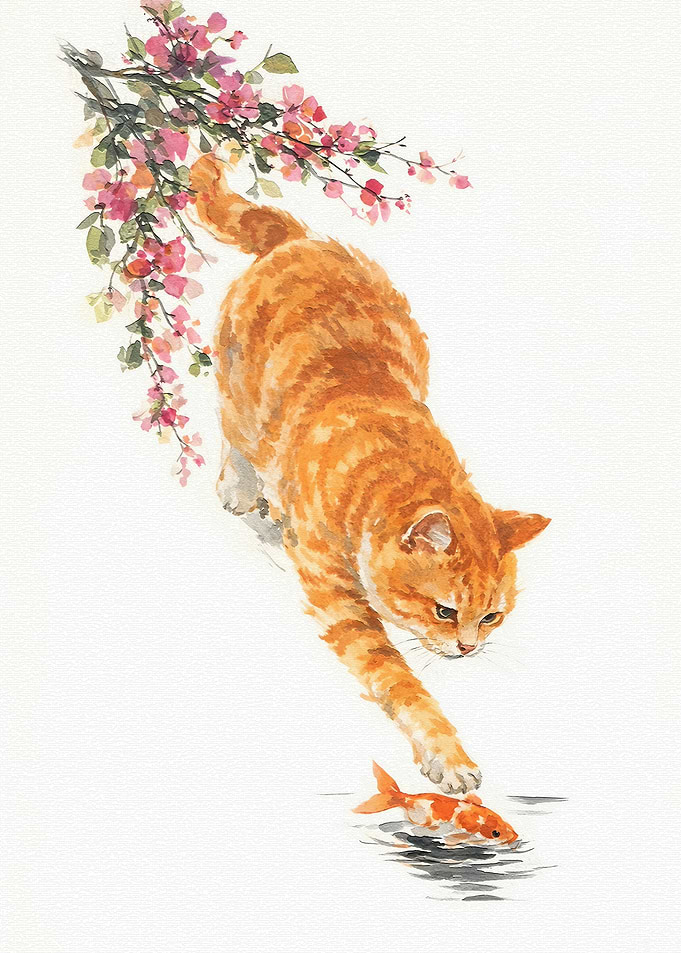 Orange Cat and Koi Fish Painting