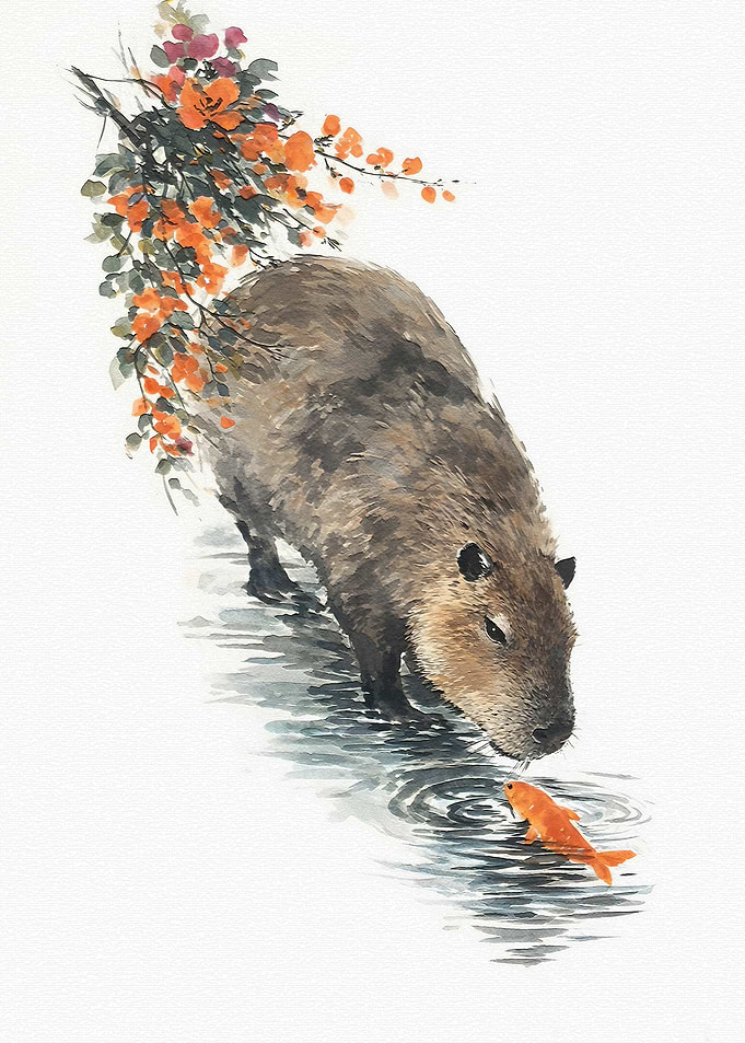 Capybara and Goldfish Watercolor Painting