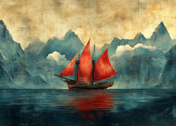 Sailing Ship with Red Sails