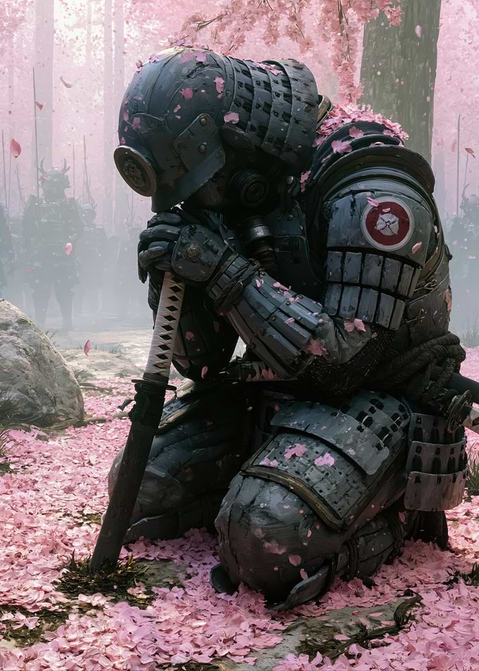 Samurai Kneeling Amidst Cherry Blossoms
