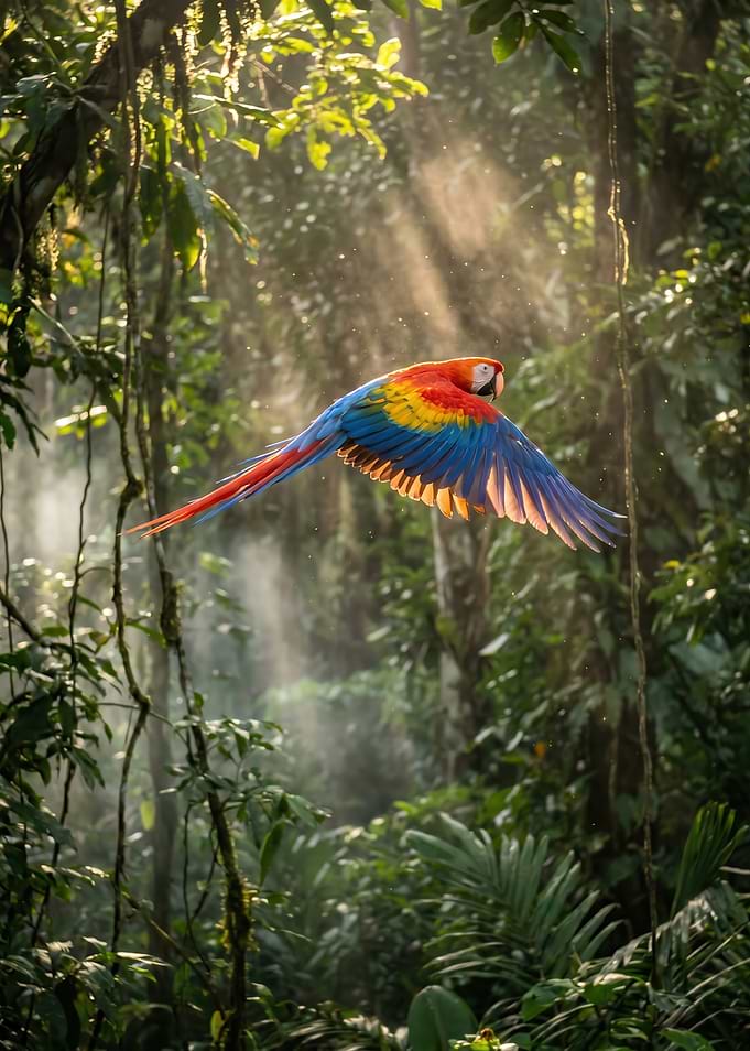 Scarlet Macaw flying in rainforest