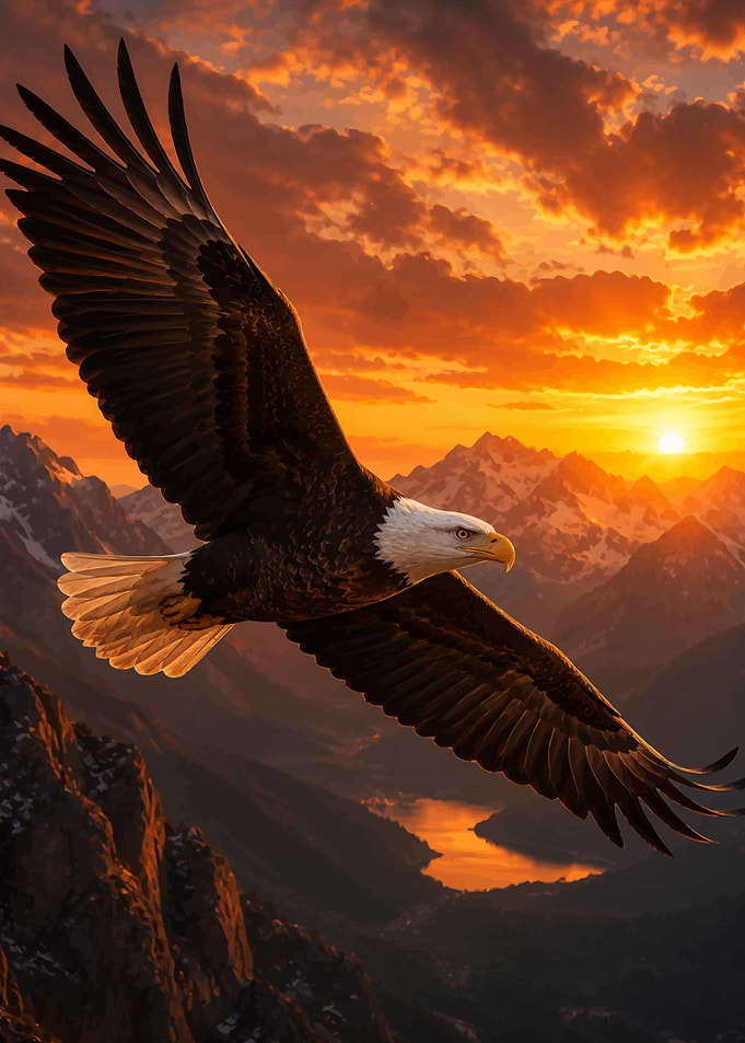 Eagle soaring at sunset over mountains