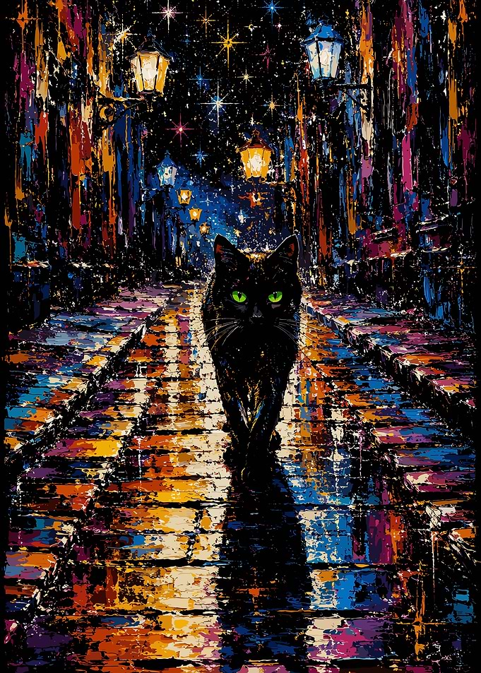 Black Cat on a Rainy City Street