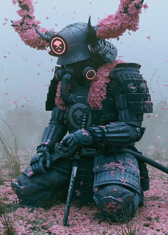 Cyberpunk Samurai with Cherry Blossoms