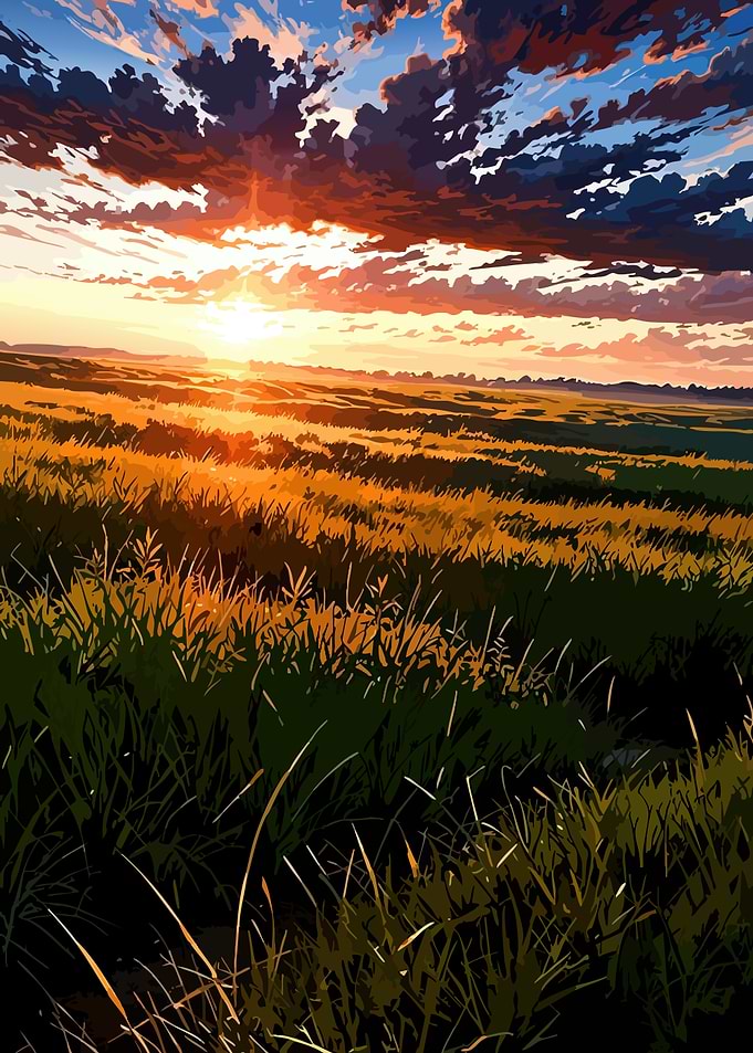 Sunset Over a Grassy Field