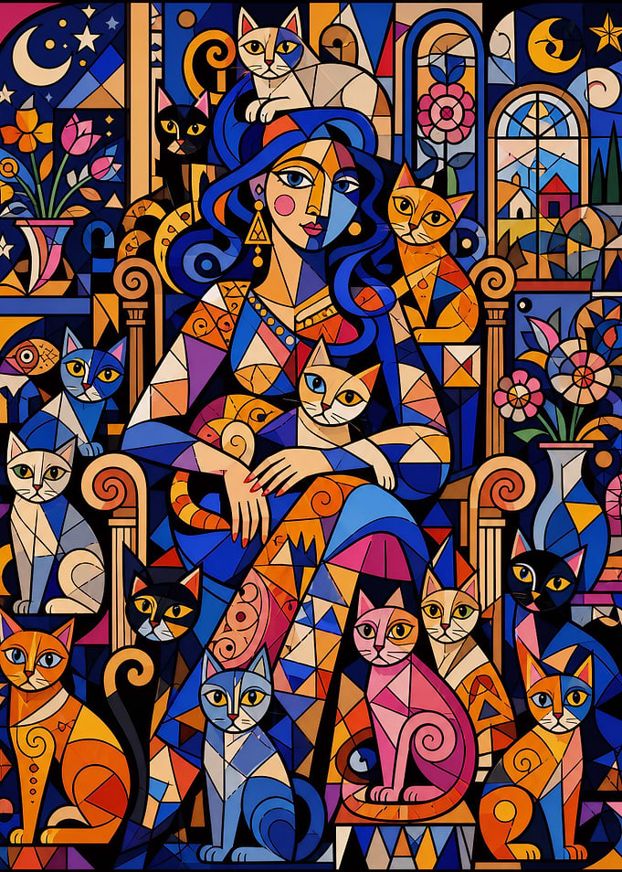Queen of Cats – Cubist Feline Paradise