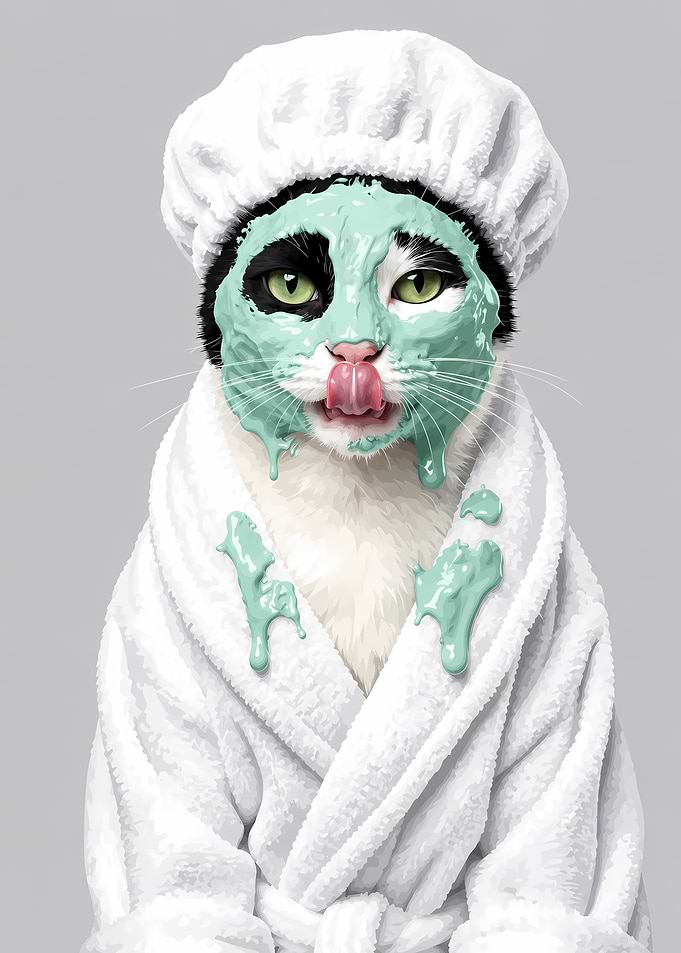 Cat in Spa Robe and Face Mask