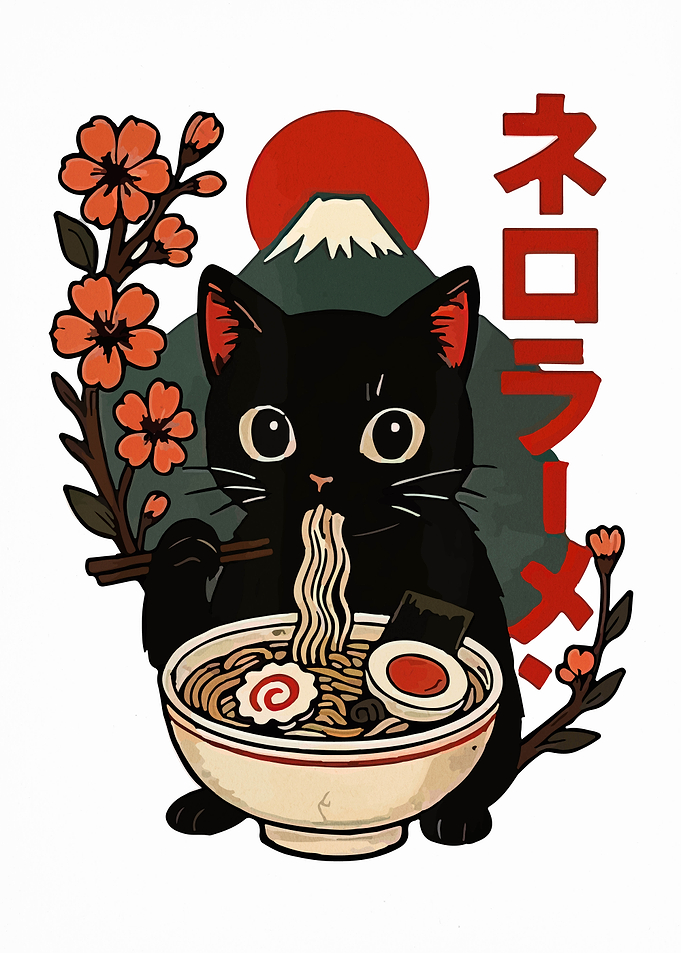 Black Cat Eating Ramen with Mt. Fuji