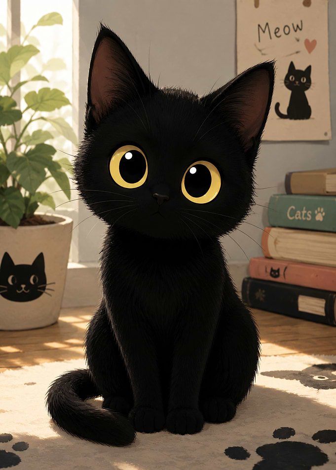 Cute Black Cat with Big Yellow Eyes