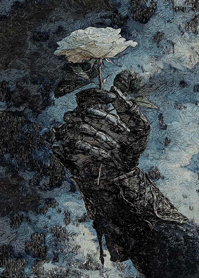 Gloved Hand Holding a White Rose