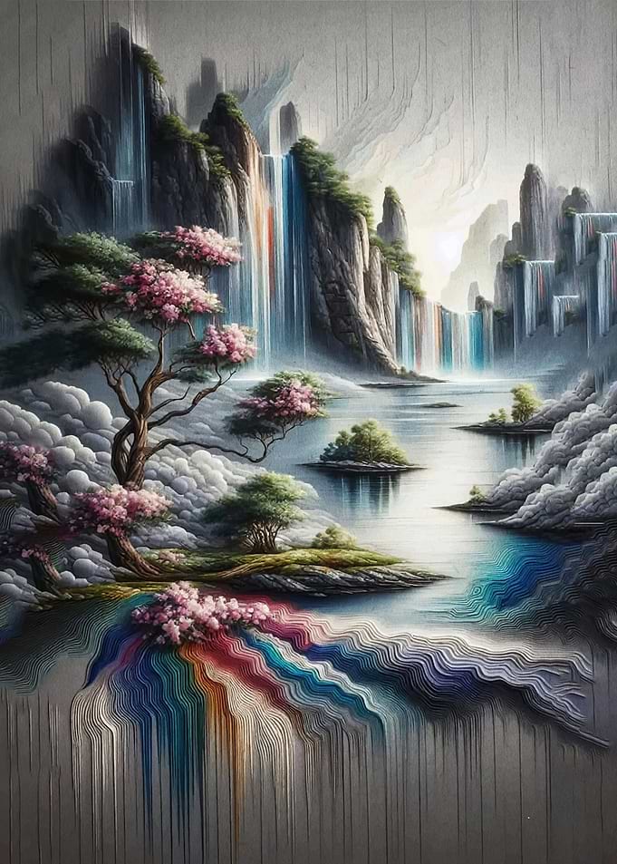 Enchanting Waterfall Landscape with Cherry Blossoms