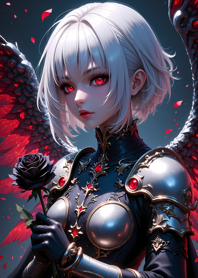 Anime Angel with Red Eyes and Black Rose