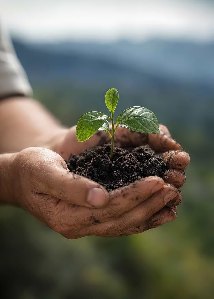 Hands holding a seedling