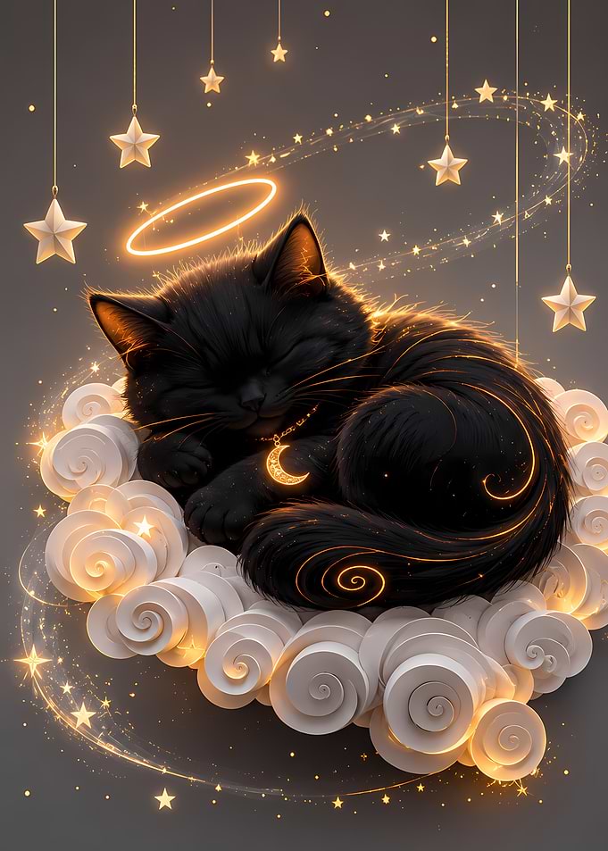 Sleeping Black Cat with Halo and Moon Necklace