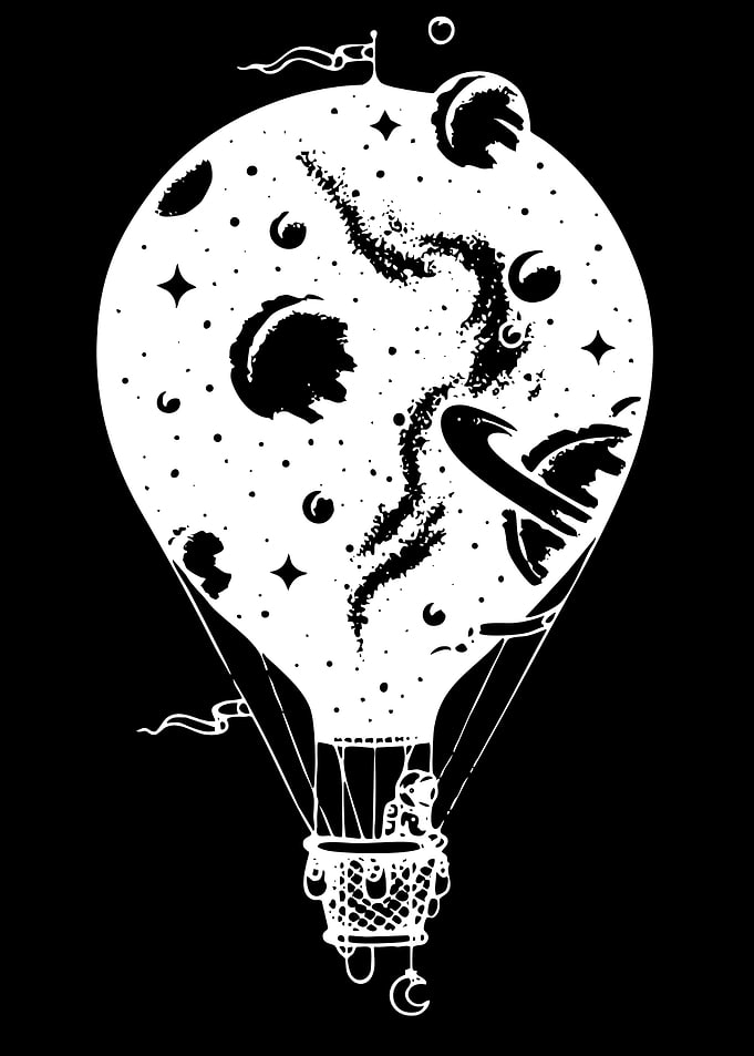Astronaut in a hot air balloon in space