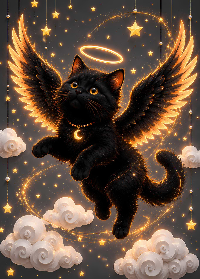 Black Angel Cat with Halo and Wings