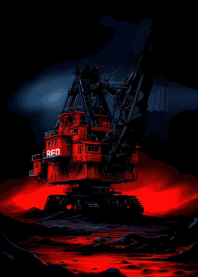 Red Mining Excavator in Dark Landscape