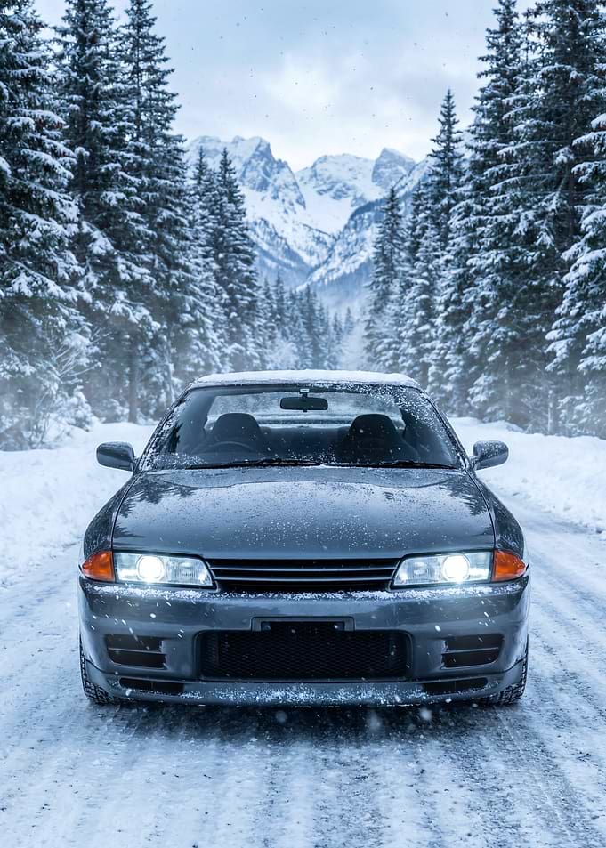 Gtr R32 car in a snowy forest