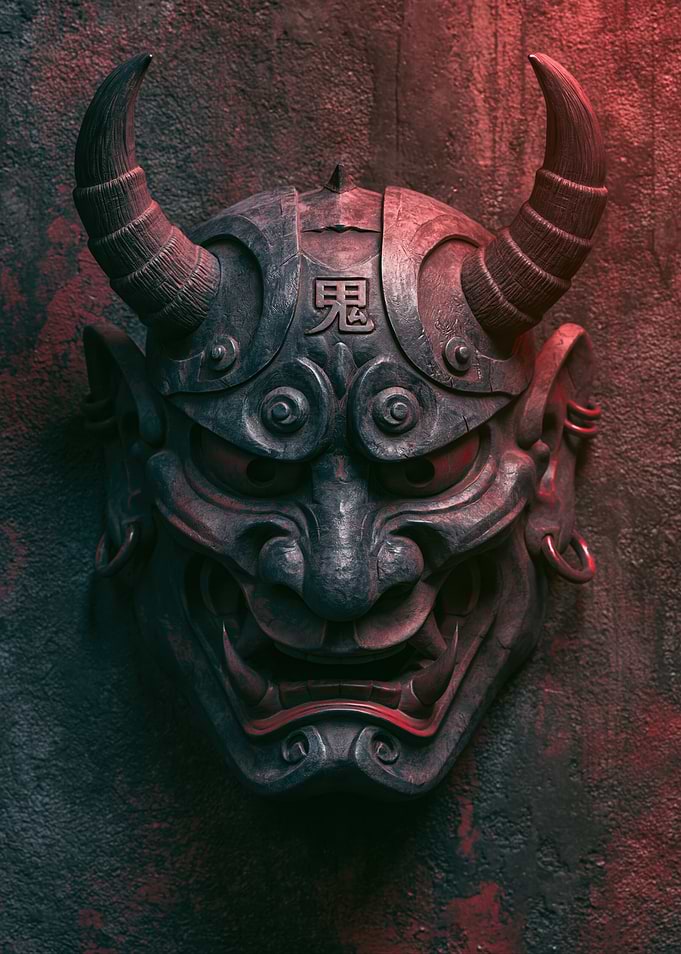 Demonic Oni Mask with Japanese Kanji