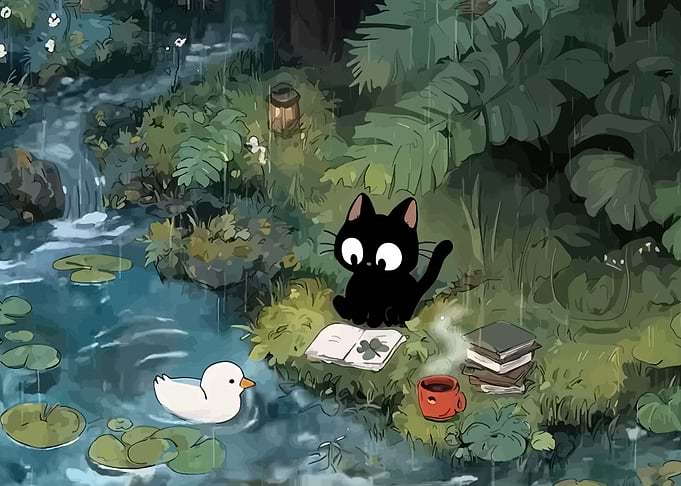 Black Cat Reading by a Stream