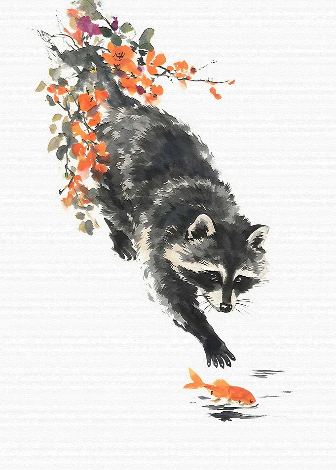 Raccoon Reaching for Goldfish