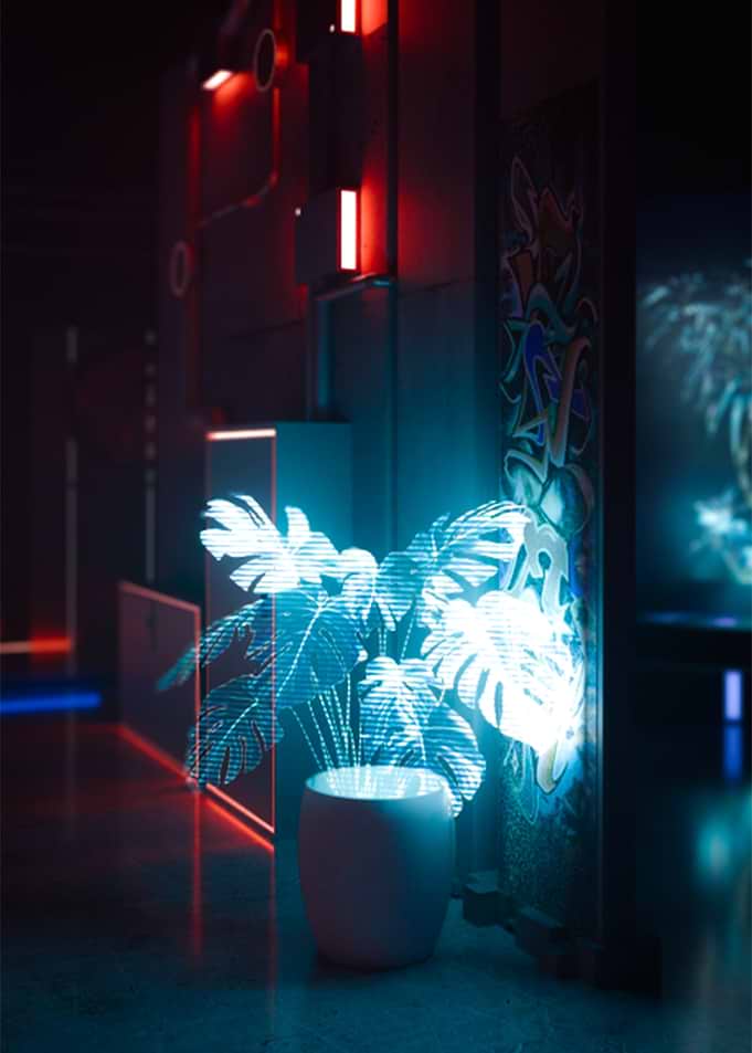 Holographic Plant in Neon-Lit Room