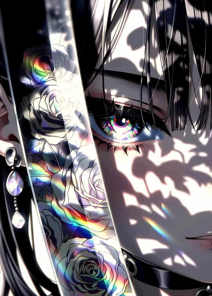 Anime Girl with Rose Tattoo and Rainbow Eye