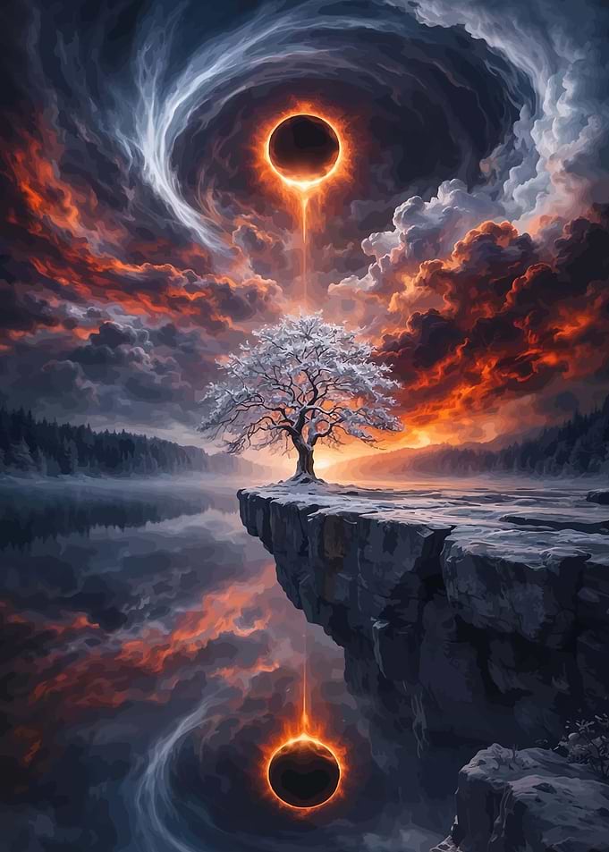 Cosmic Eclipse Over Snowy Landscape