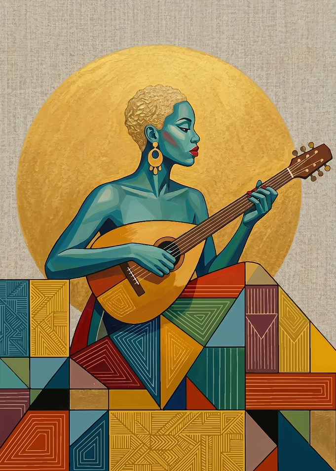 Woman Playing Guitar with Geometric Patterns