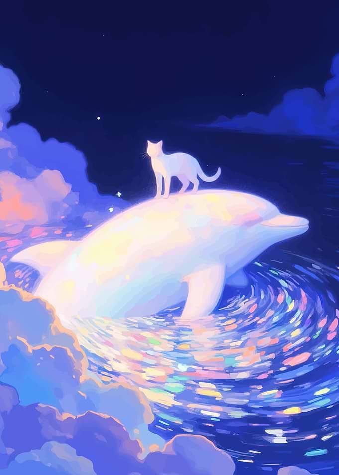 Cat on Dolphin in Dreamy Ocean