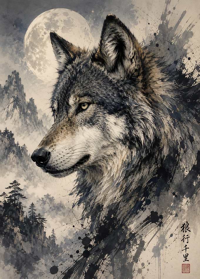 Wolf in front of a full moon