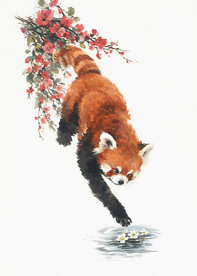 Red Panda Reaching for Flowers