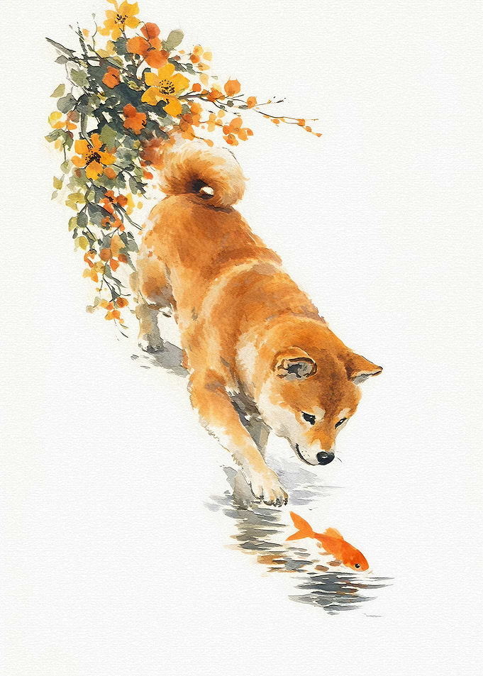 Shiba Inu and Goldfish Watercolor